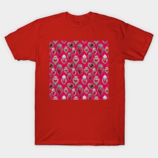 Mexican milagrito vibrant red sacred heart silver oaxaca folk art elegant seamless pattern T-Shirt